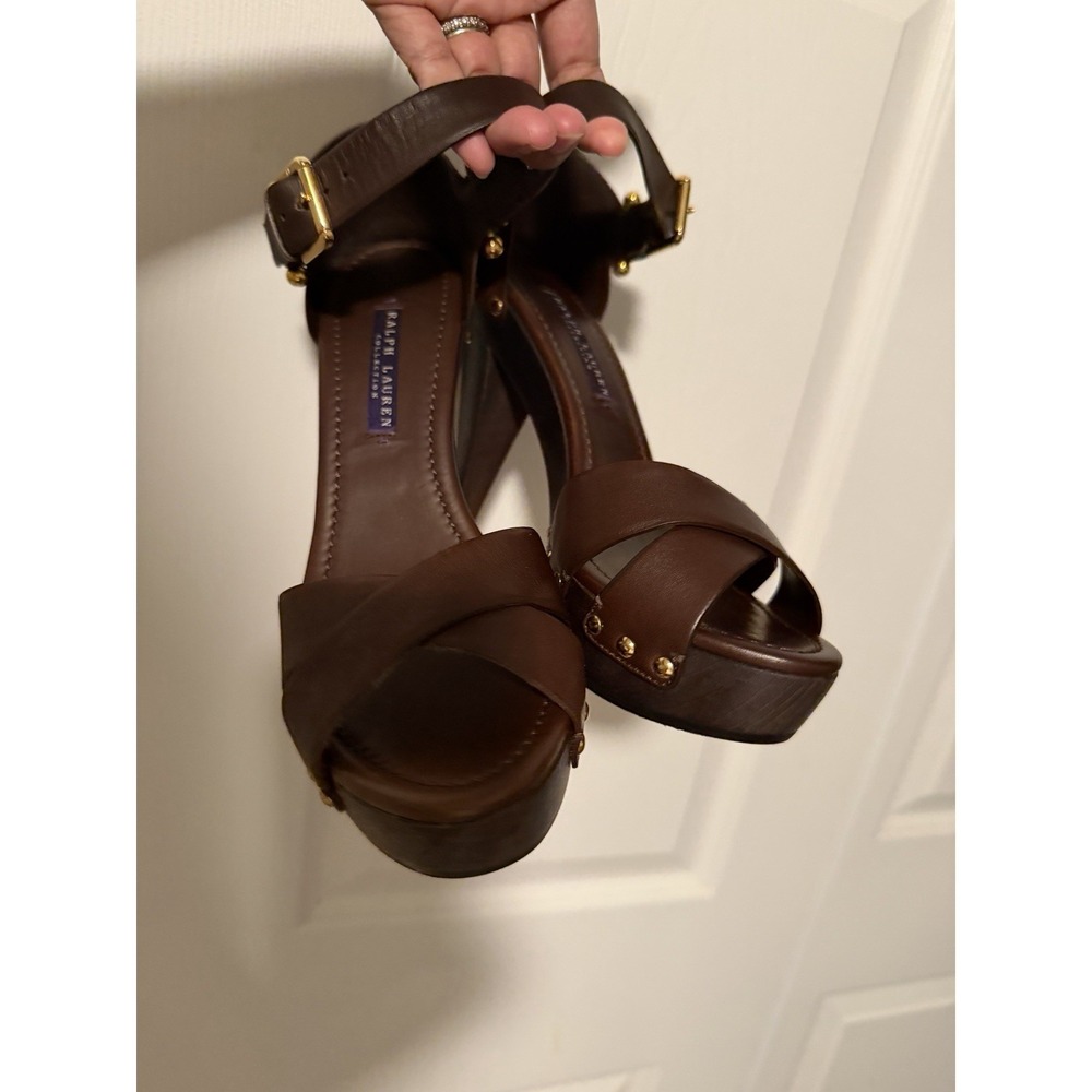 Ralph Lauren Collection Purple Label Timila Leather Sandals Chunky Heels Brown - Picture 2 of 10